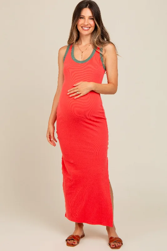 Coral Colorblock Side Slit Maternity Maxi Dress