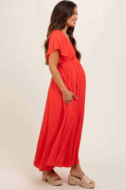 Coral V-Neck Flutter Short Sleeve Maternity Midi Dress