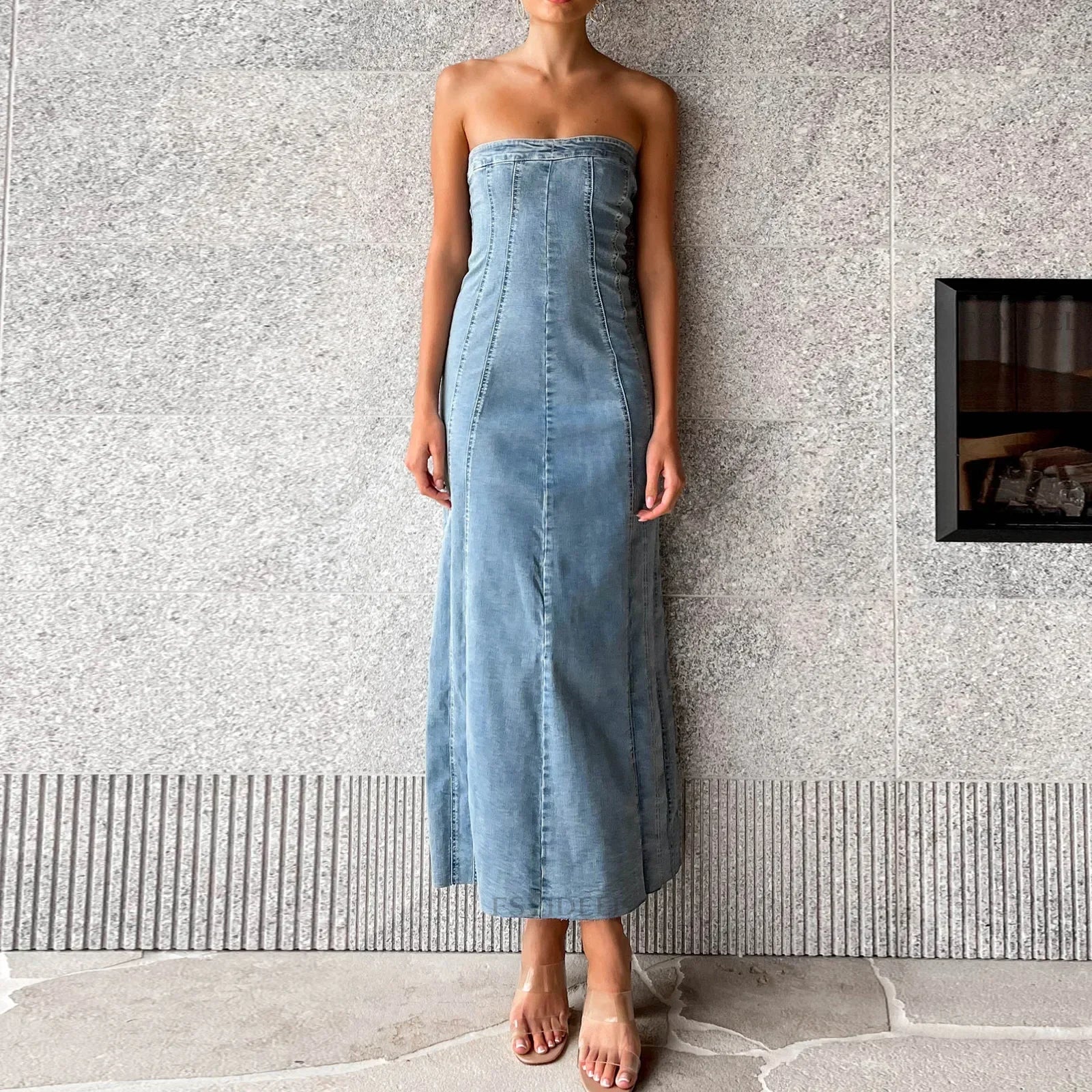 Side Slit Denim Bodycon Dress Women Sleeveless Maxi Dress