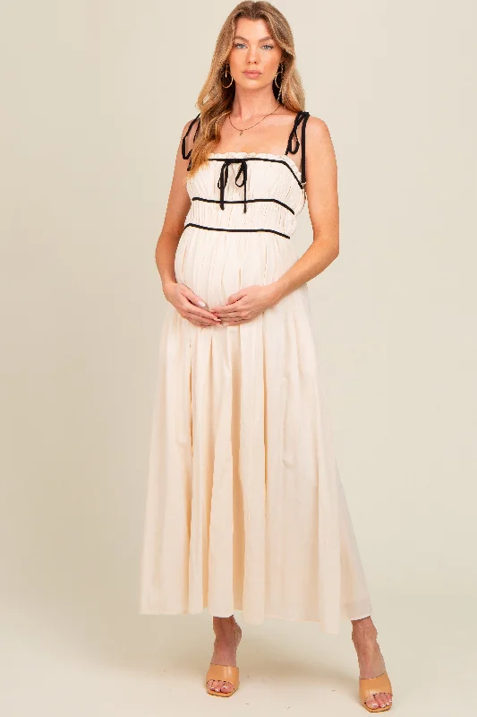 Cream Contrast Ribbon Trim Maternity Maxi Dress