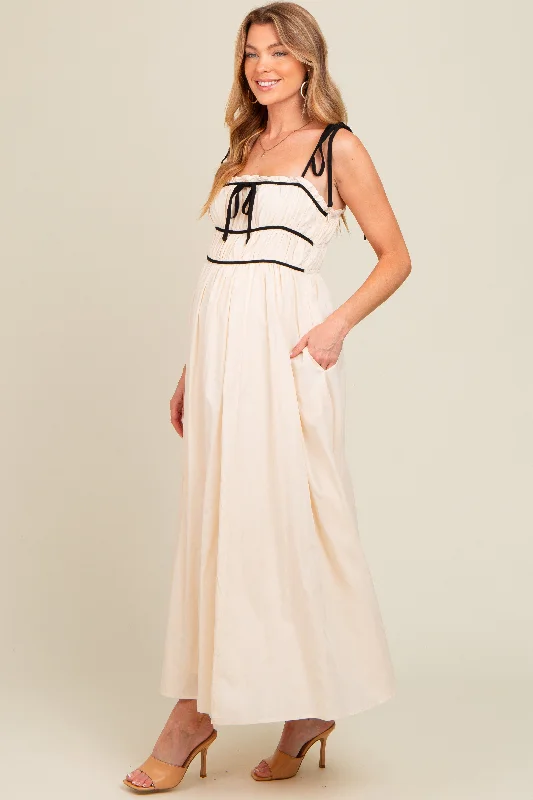 Cream Contrast Ribbon Trim Maternity Maxi Dress