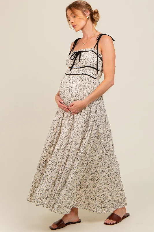 Cream Floral Contrast Ribbon Trim Maternity Maxi Dress