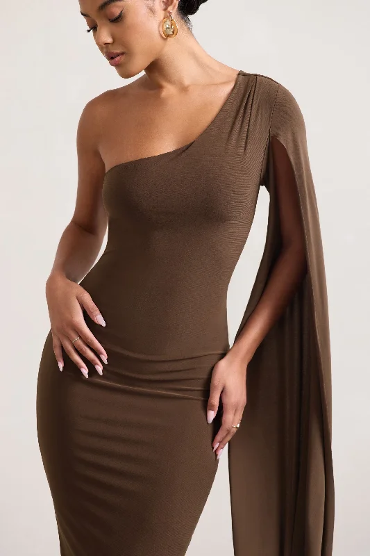 Dominique | Chocolate Brown One Shoulder Cape Sleeve Bodycon Maxi Dress