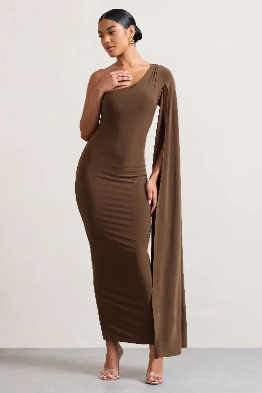 Dominique | Chocolate Brown One Shoulder Cape Sleeve Bodycon Maxi Dress