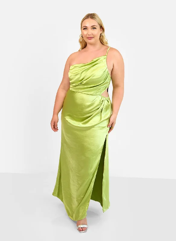 Emma Satin One Shoulder Maxi Bodycon Dress - Chartreuse