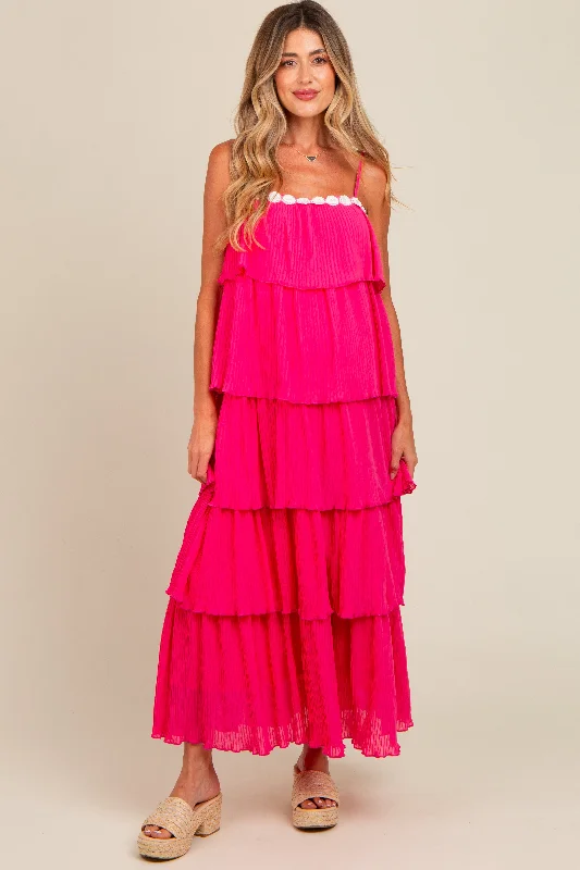 Fuchsia Ruffle Tiered Maternity Maxi Dress