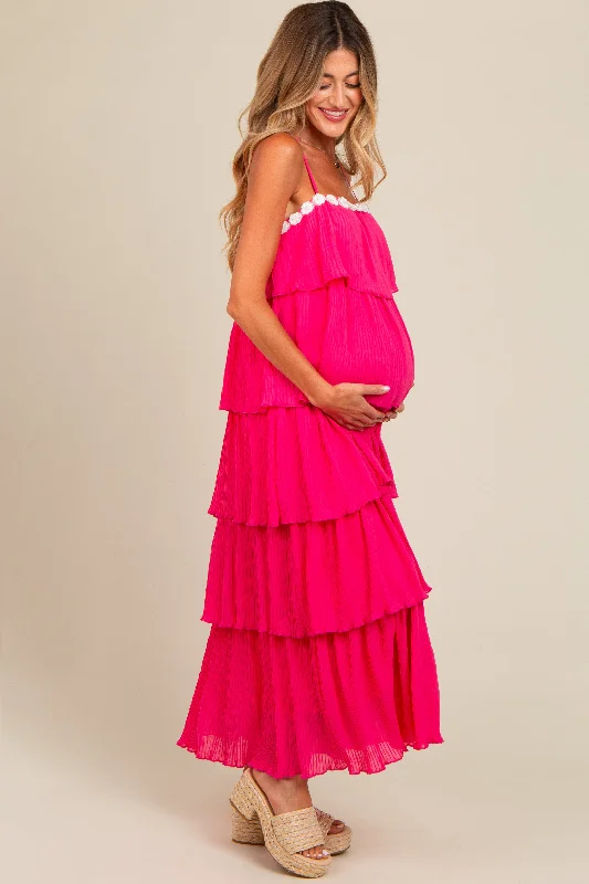 Fuchsia Ruffle Tiered Maternity Maxi Dress