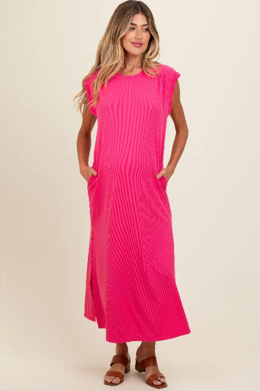 Fuchsia Short Dolman Sleeve Side Slit Maternity Maxi Dress