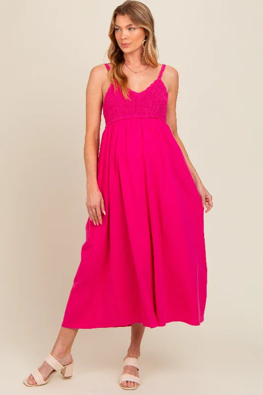 Fuchsia V-Neck Crochet Top Maternity Midi Dress