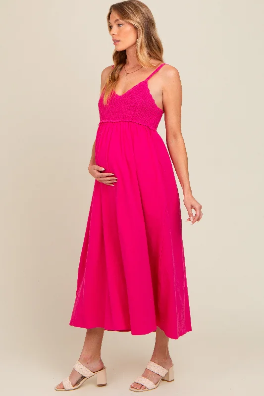 Fuchsia V-Neck Crochet Top Maternity Midi Dress