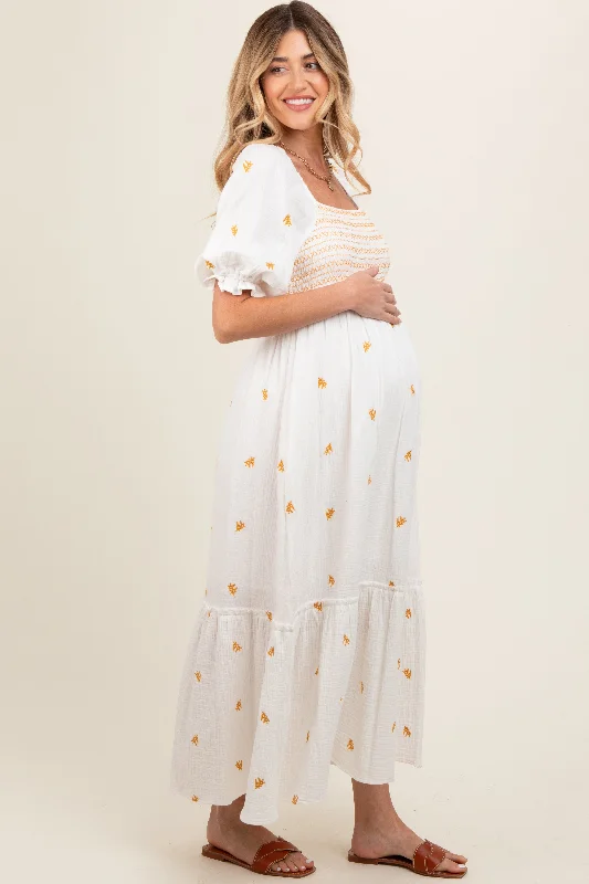 Ivory Gauze Smocked Embroidered Square Neck Maternity Midi Dress