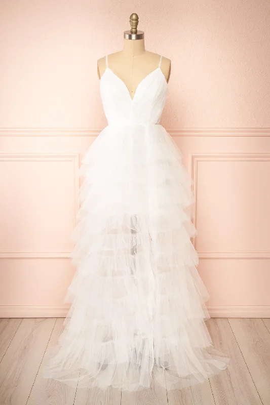 Kourtney | Layered White Tulle Bridal Maxi Dress