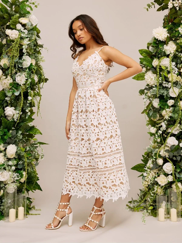 Lace Strappy Midi Bridal Dress / White