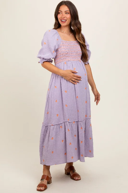 Lavender Gauze Smocked Embroidered Square Neck Maternity Midi Dress