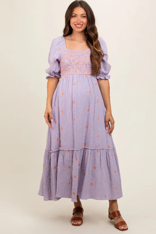 Lavender Gauze Smocked Embroidered Square Neck Maternity Midi Dress