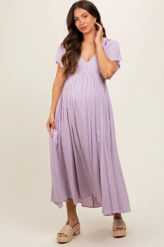 Lavender V-Neck Flutter Short Sleeve Maternity Midi Dress