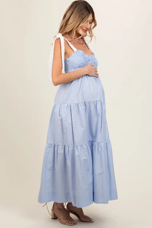 Light Blue Contrast Shoulder Straps Maternity Maxi Dress