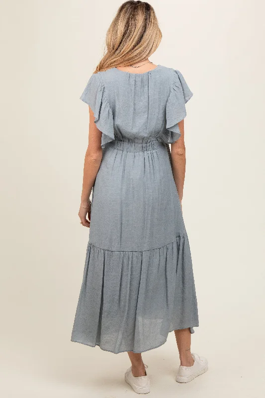 Light Blue Cuffed Sleeve Front Tie Maternity Maxi Dress