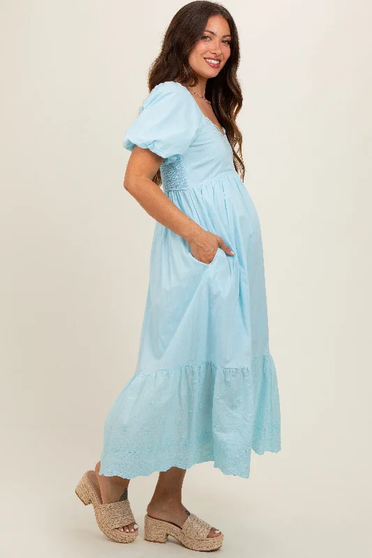 Light Blue Eyelet Scalloped V-Neck Short Puff Sleeve Maternity Midi Dress