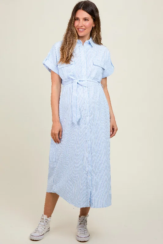 Light Blue Pin Stripe Sash Tie Maternity Midi Dress