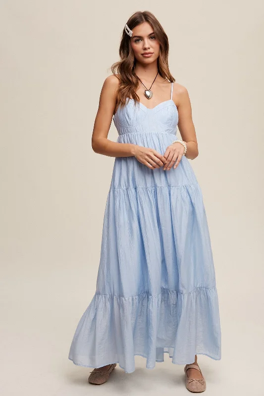 Light Blue Sleeveless Tiered Maternity Maxi Dress