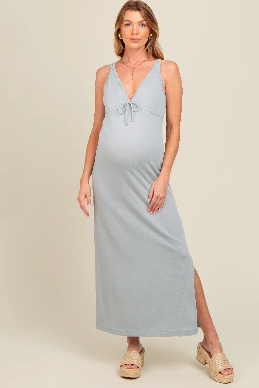 Light Blue V-Neck Side Slit Maternity Maxi Dress