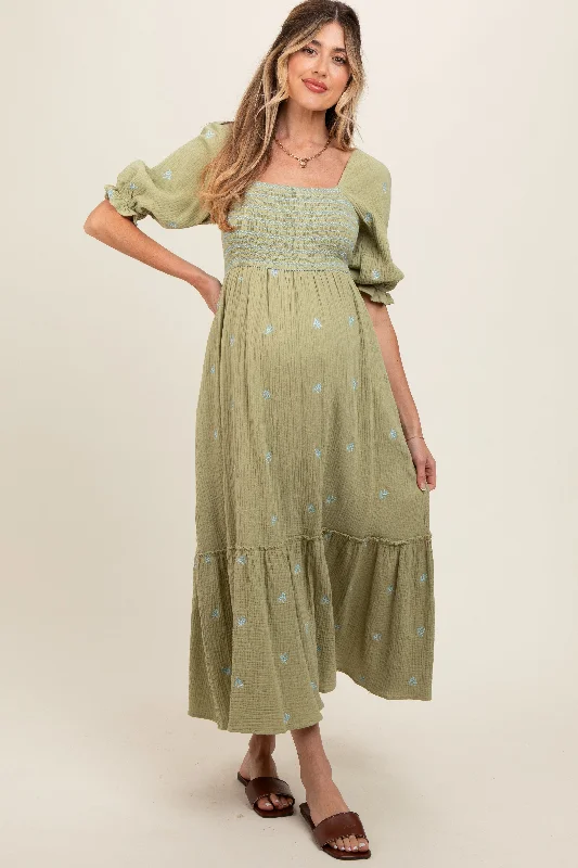 Light Olive Gauze Smocked Embroidered Square Neck Maternity Midi Dress