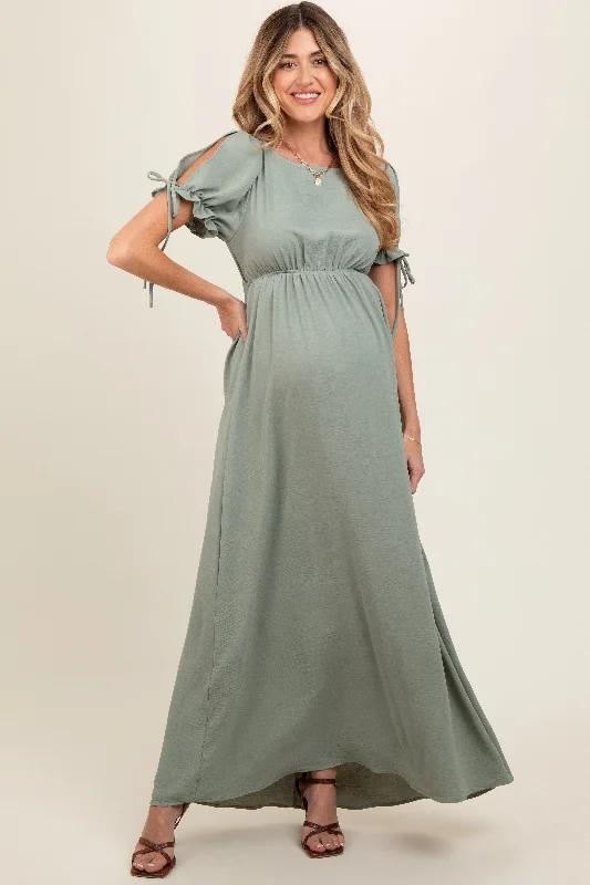 Light Olive Open Back Maternity Maxi Dress