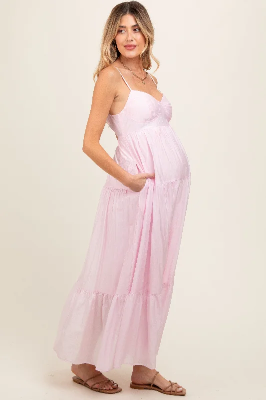 Light Pink Sleeveless Tiered Maternity Maxi Dress