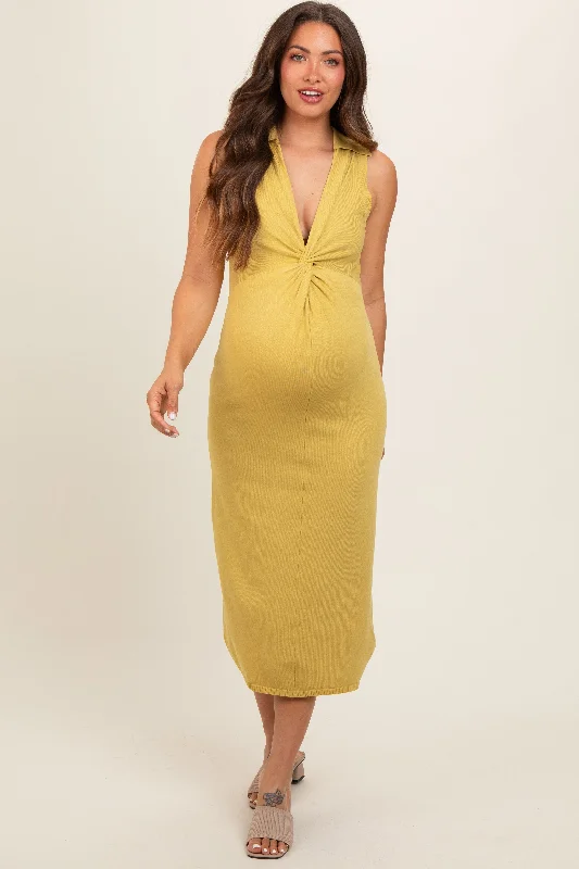 Lime Collared Sleeveless Twist Knit Maternity Midi Dress