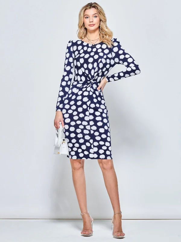 Long Sleeve Twist Front Bodycon Dress, Navy Spot