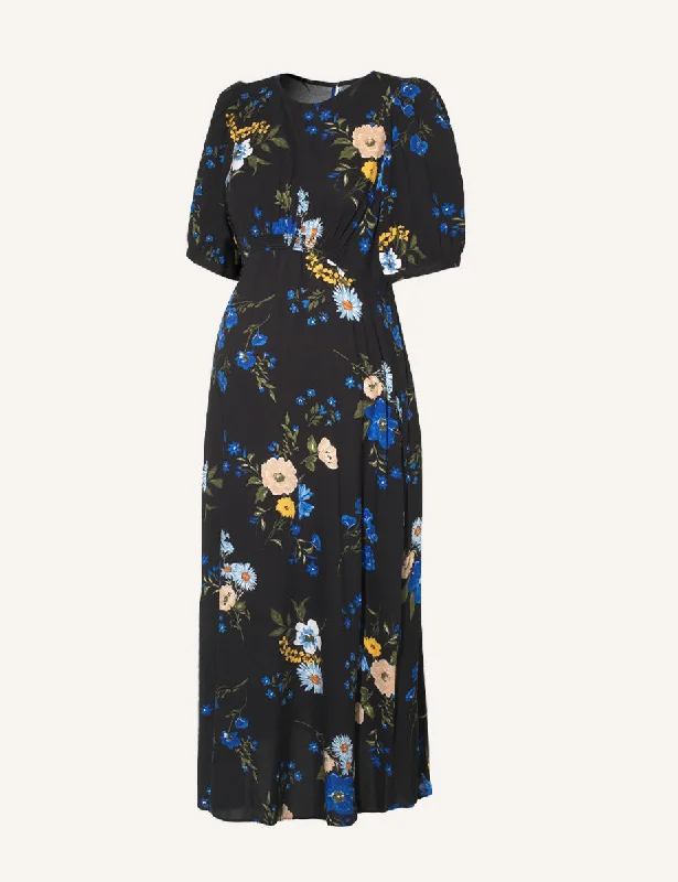 Maternity Black Floral Puff Sleeve Bonnie Midi Dress