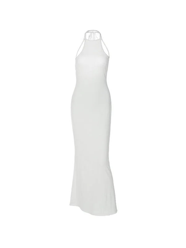 White Halter Ribbed Bodycon Maxi Dress