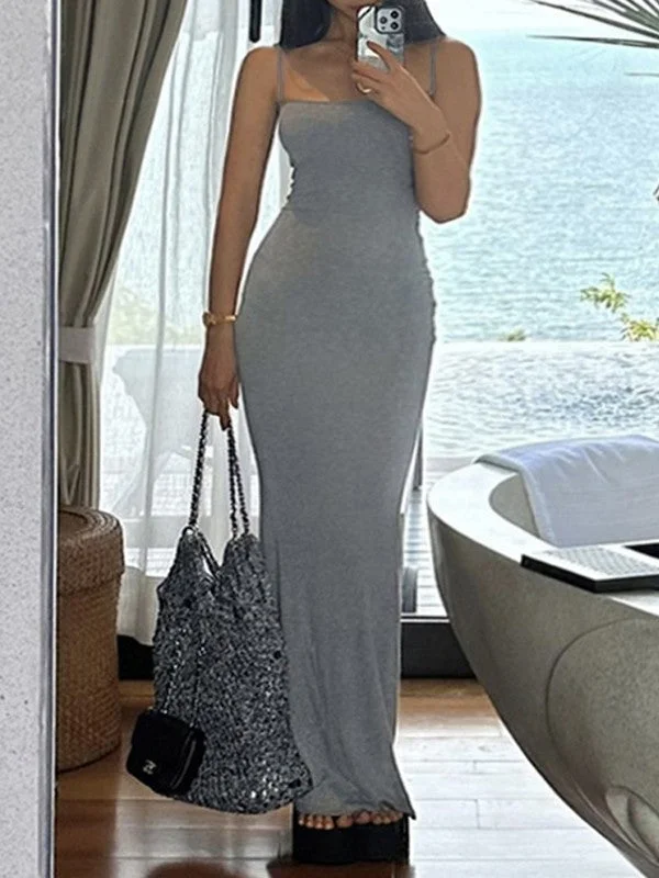 Gray Ribbed Bodycon Maxi Dress