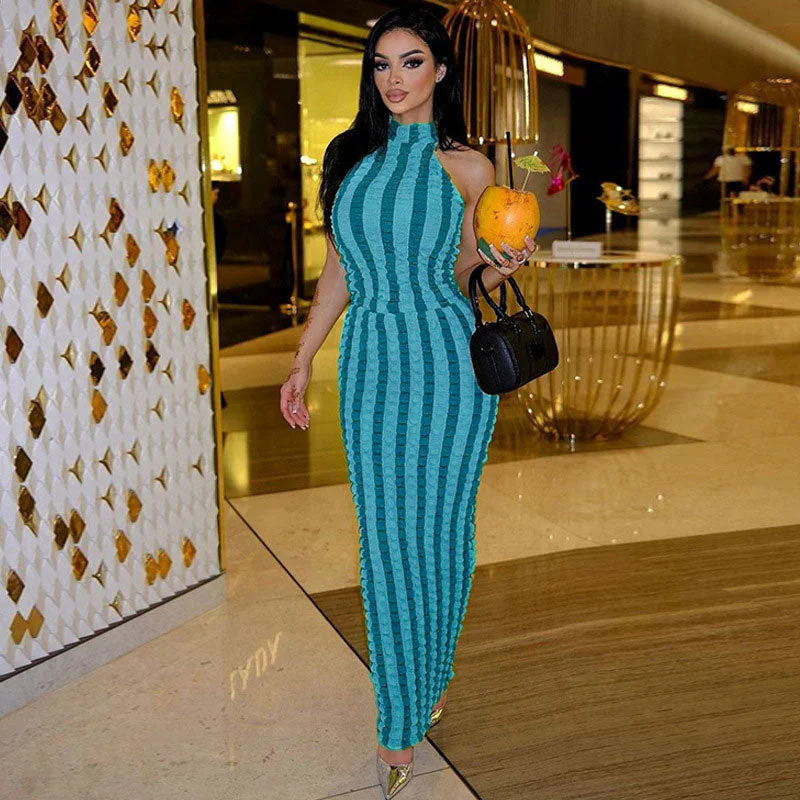 Popcorn Striped High Neck Sleeveless Bodycon Maxi Dress - Blue