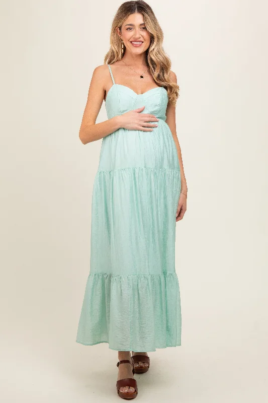 Mint Green Sleeveless Tiered Maternity Maxi Dress