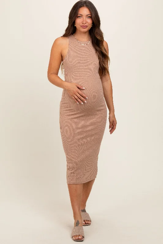 Mocha Sleeveless Ribbed Knit Maternity Midi Dress