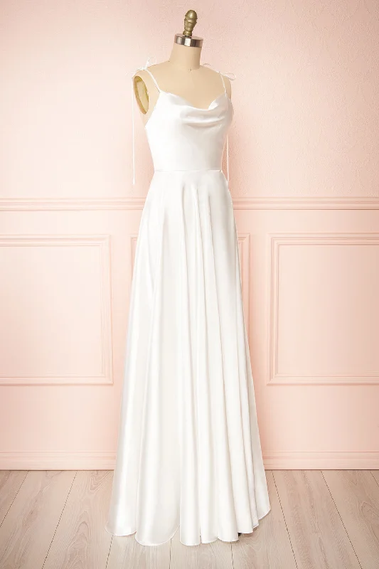 Moira Ivory | Bridal Cowl Neck Satin Gown w/ High Slit