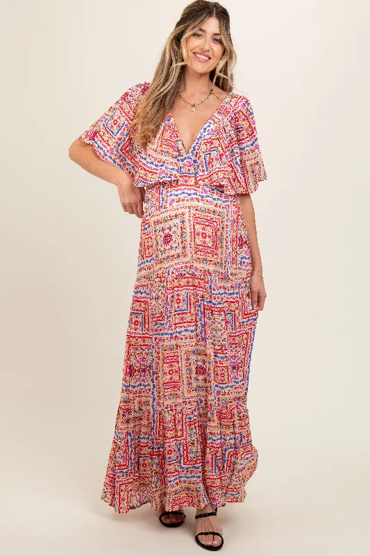 Multicolor Floral Deep V-Neck Tiered Maternity Maxi Dress