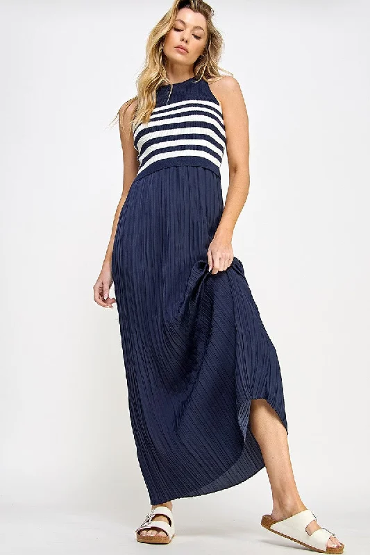 Navy Striped Contrast Knit Maternity Pleated Maxi Dress