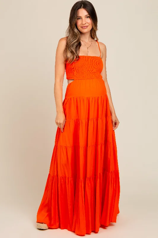 Orange Smocked Cutout Maternity Maxi Dress