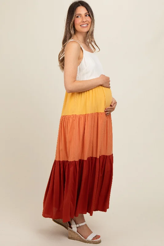 Orange Tiered Colorblock Maternity Maxi Dress