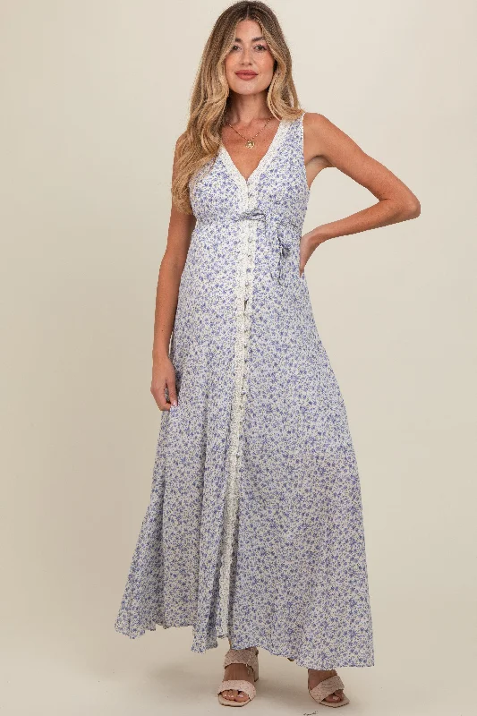 Periwinkle Floral Crochet Trim Button Down Maternity Maxi Dress