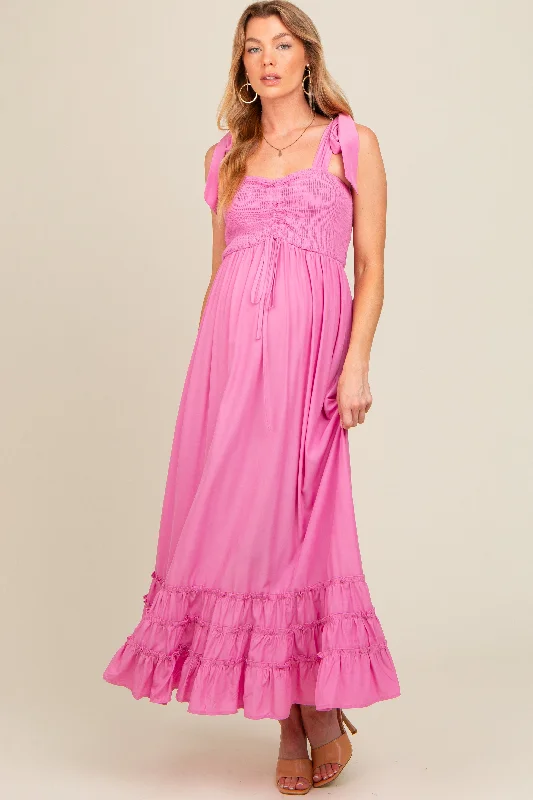 Pink Sweetheart Neck Smocked Shoulder Tie Maternity Maxi Dress