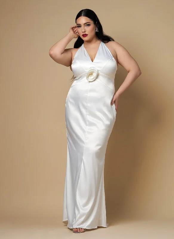 Gardenia Satin Halter Maxi Bodycon Dress