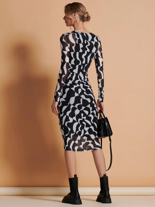 Print Long Sleeve Mesh Bodycon Dress, Black Pattern