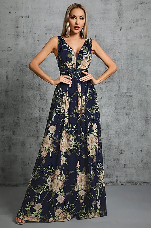 Printed Black V Neck Long Formal Dress