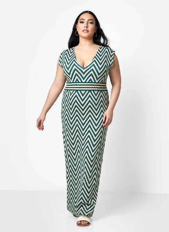 Rachida Knit Chevron V Neck Bodycon Dress