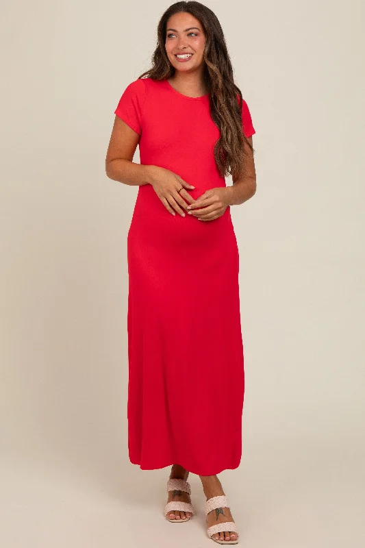 Red Short Sleeve Maternity Midi T-Shirt Dress