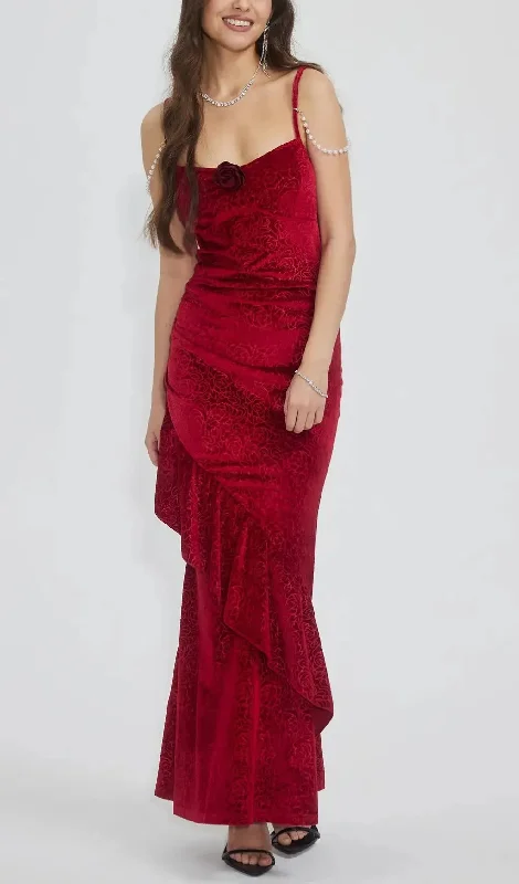 RUFFLED BODYCON SUSPENDER MAXI DRESS IN RED